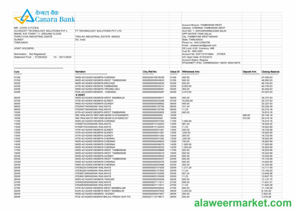 India Canara Bank statement Word and PDF template, 3 pages scr